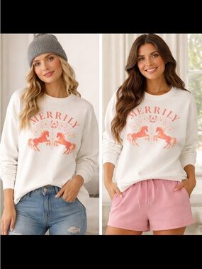 Merrily White Graphic Sweatshirt with Coral Horse Print